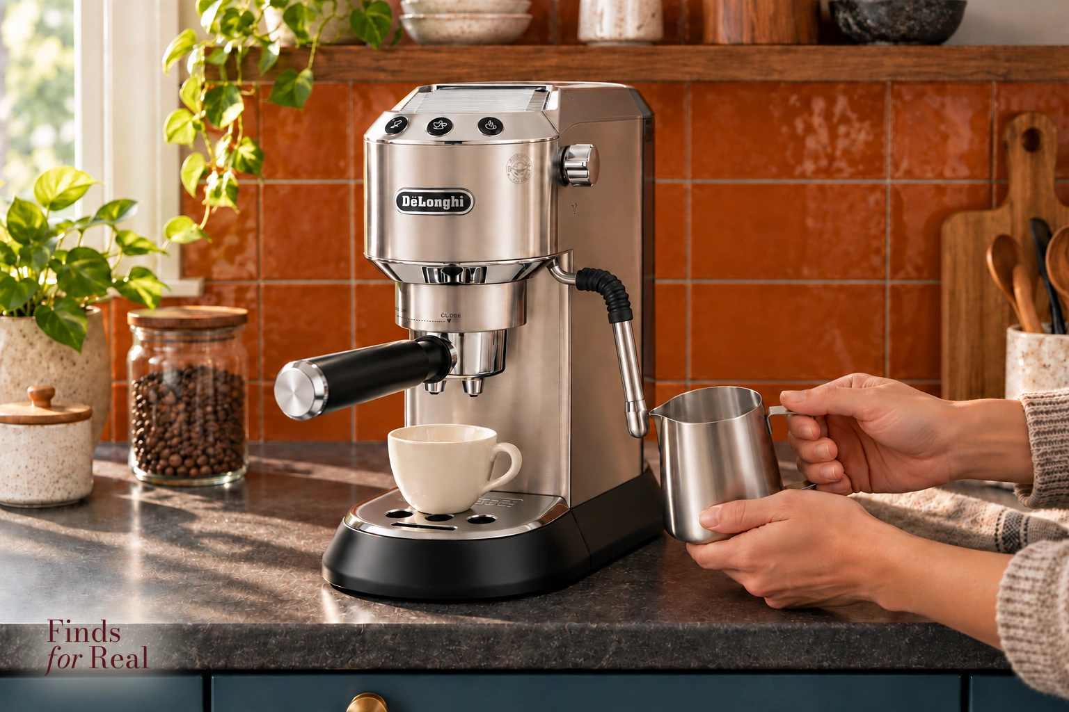 Empty dry milk pitcher held beside the Dedica Arte EC885.M wand before preparation.